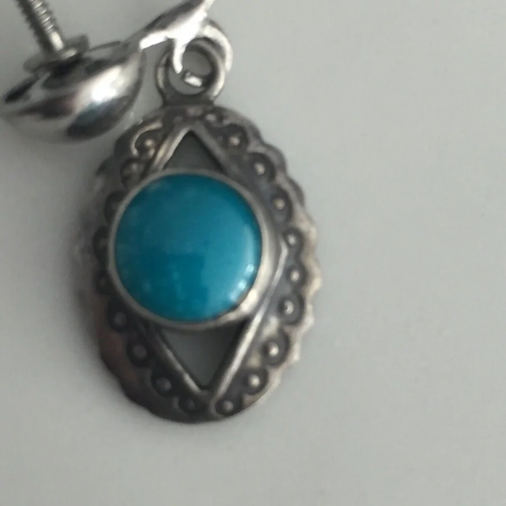 Vintage Sterling Silver Native American Dangle Earrings Screw Back Turquoise